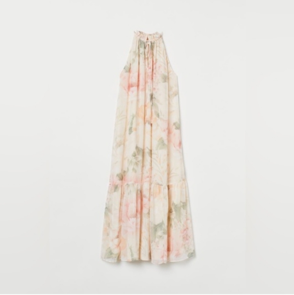 H&M Floral Halter Maxi Dress in Cream, Pink, Green